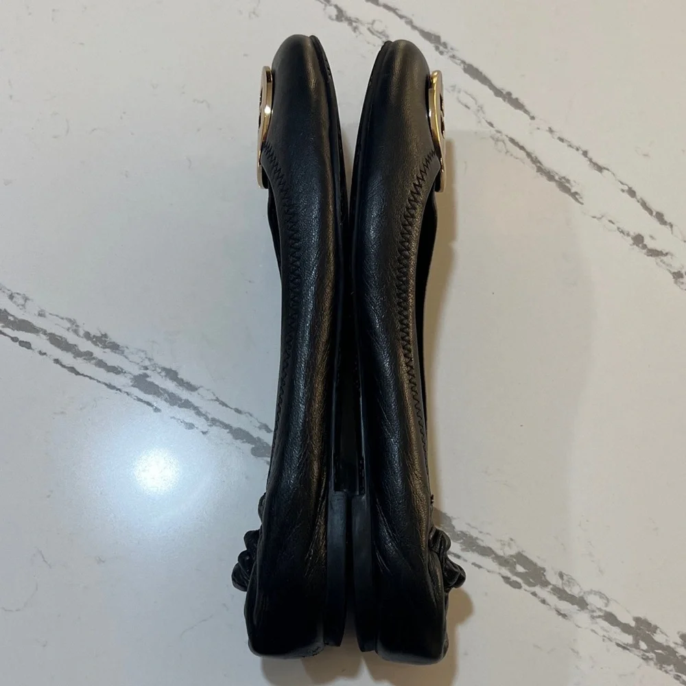 Tory Burch Reva leather Ballet Black Flats with Gold Logo size 8M